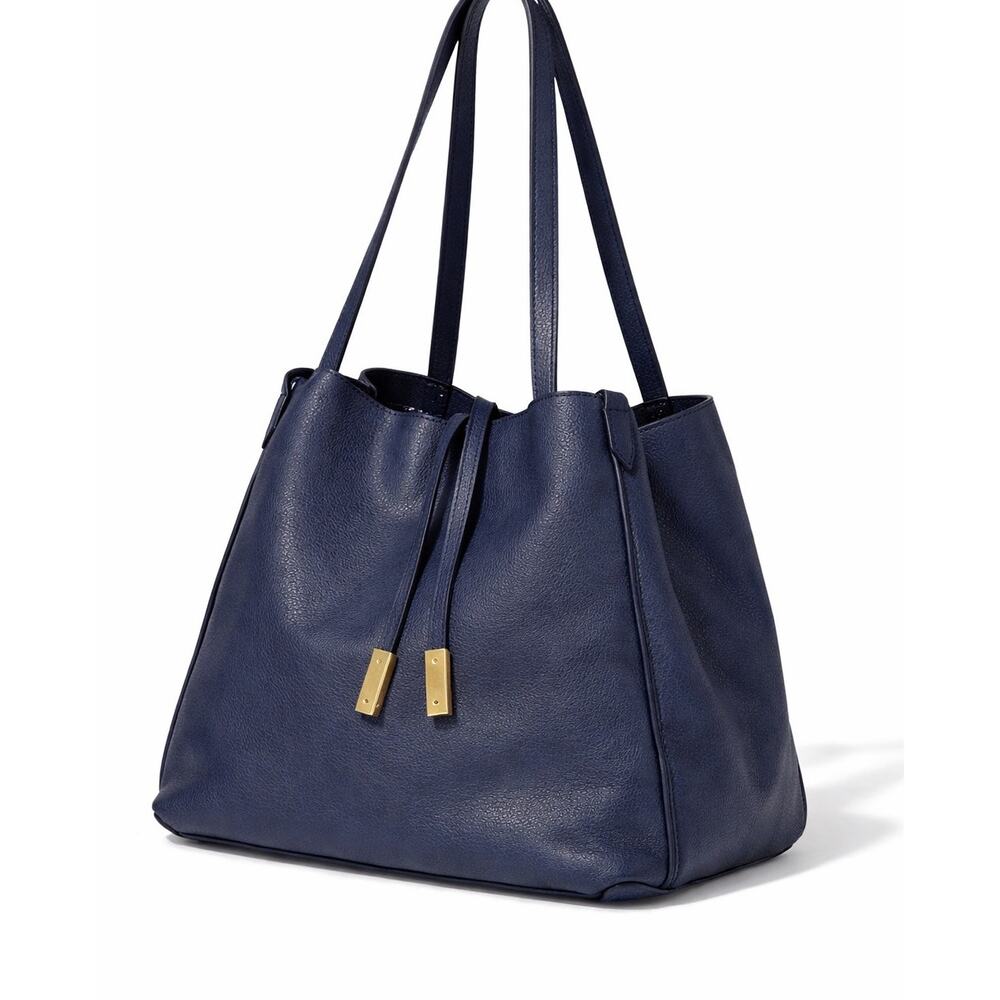 Navy Faux Leather Bucket Tote Shoulder Bag Gold Hardware Minimalist